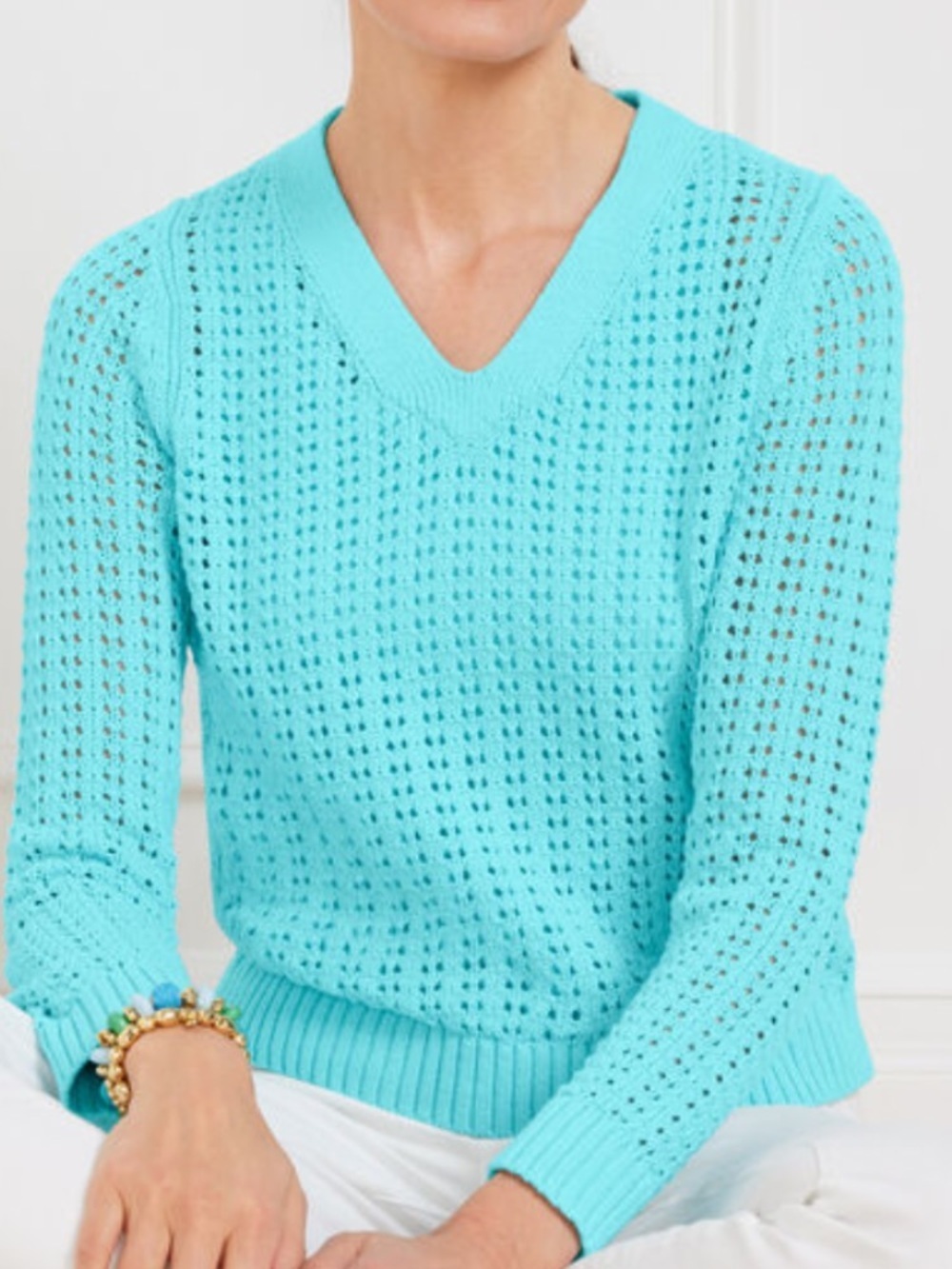 TALBOTS  aqua Blue Open-Knit V-Neck Sweater! L